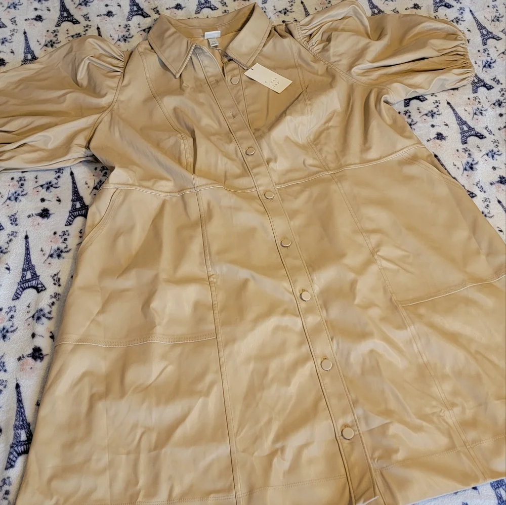 🎉Women's Puff Sleeve Faux Leather A-Line Dress Beige🎉 - Picture 2 of 7